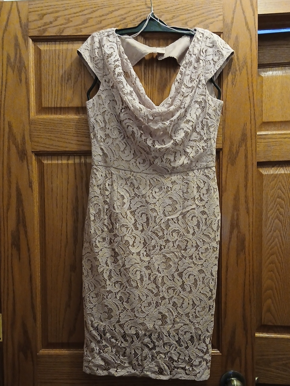 Adrianna Papell Taupe Lace Cowl-Neck Midi Dress. Size 6